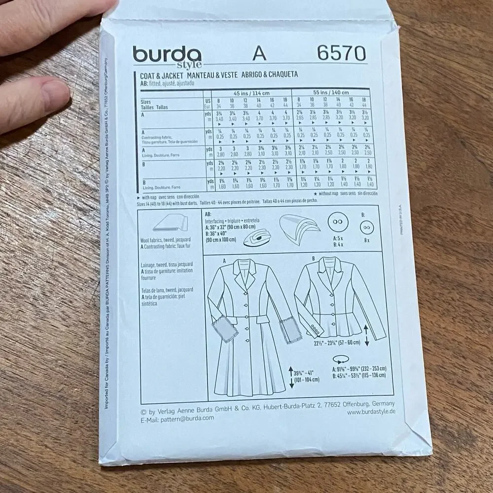 Burda #6570 sewing pattern button front blazer jacket & coat US size 8 - 18